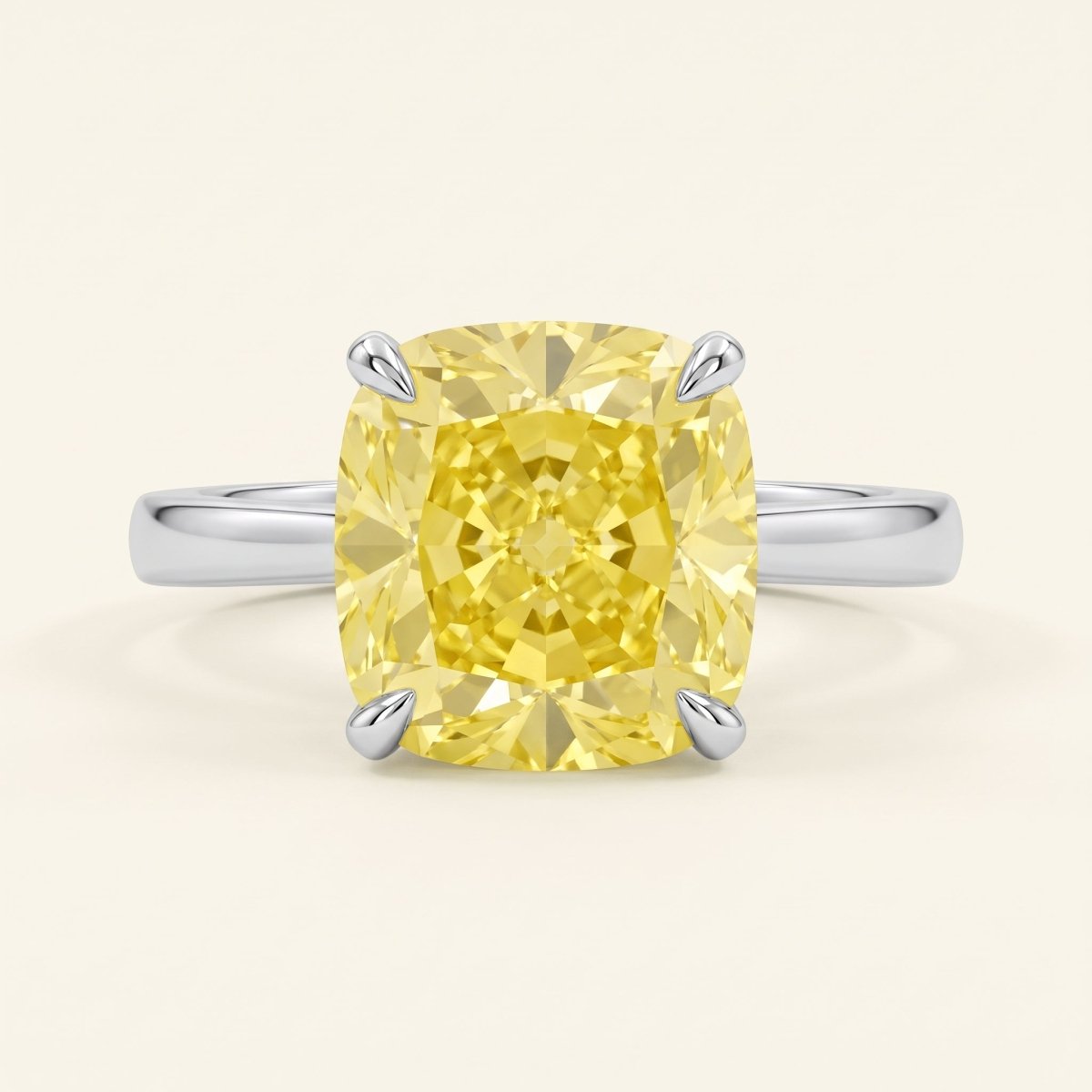 Yellow Cushion lab-grown diamond solitaire engagement ring, White Gold, face-on detail macro
