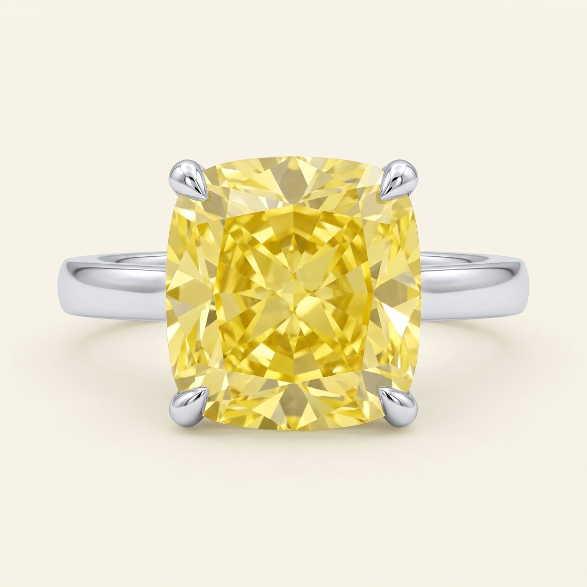 Yellow Cushion lab-grown diamond solitaire engagement ring, 925 Sterling Silver, face-on detail macro