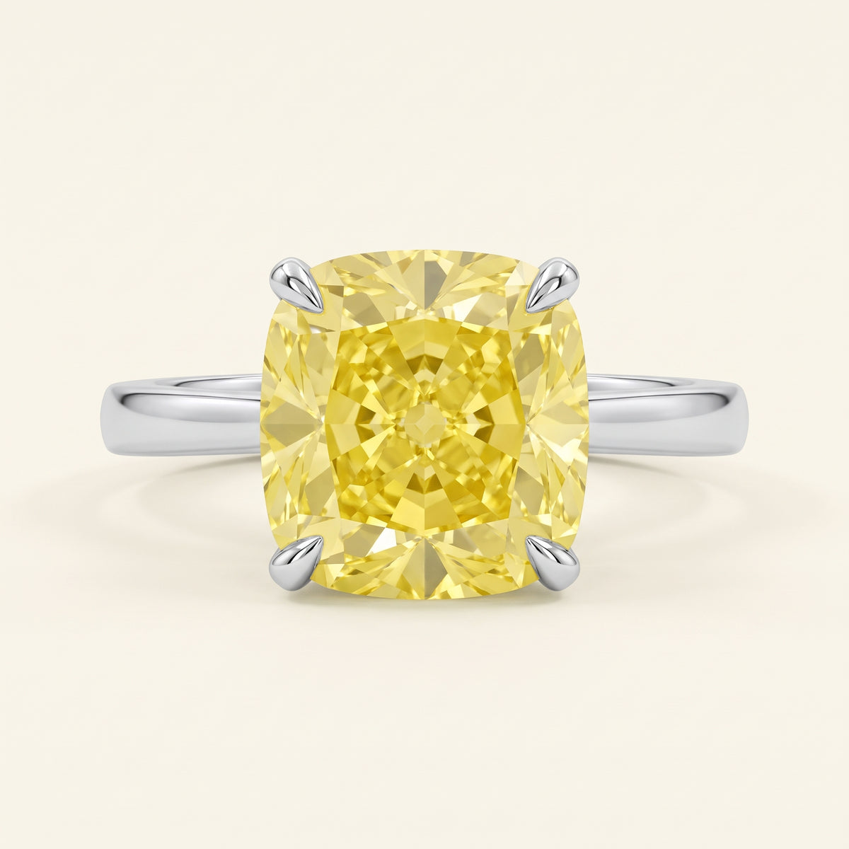 Yellow Cushion lab-grown diamond solitaire engagement ring, White Gold, face-on detail macro