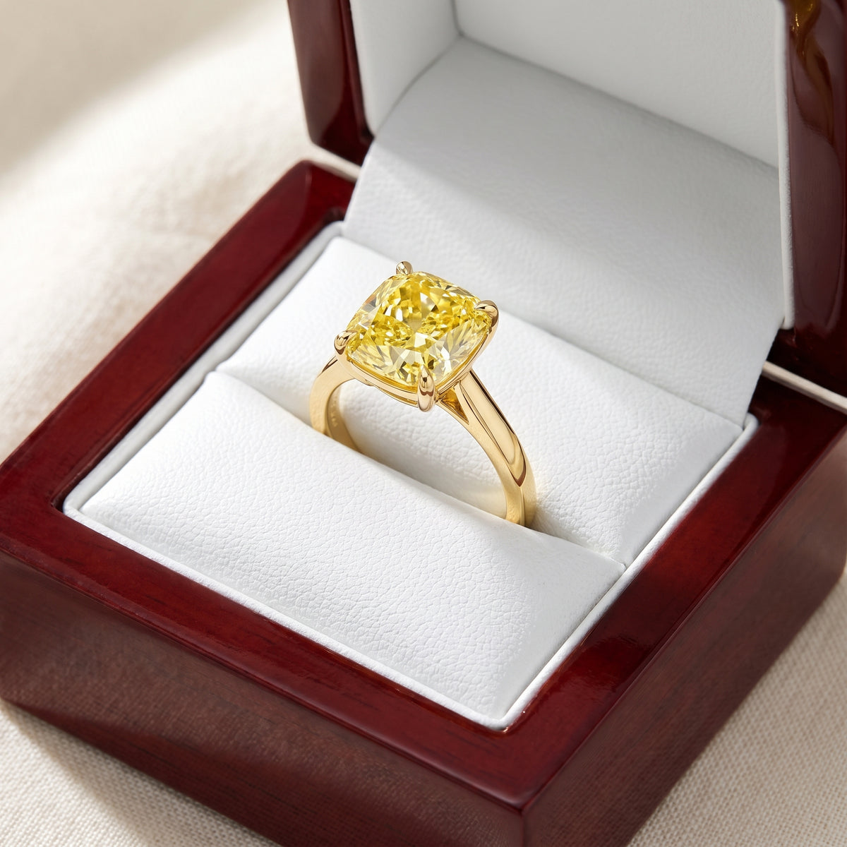 Yellow Cushion lab-grown diamond solitaire engagement ring, Yellow Gold, in cherry-wood ring box