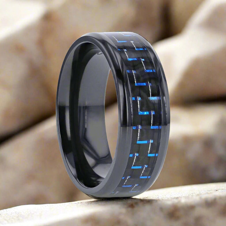 ZAYDEN Black Titanium Ring with blue and black carbon fiber inlay and beveled edges - Aydins Jewelry