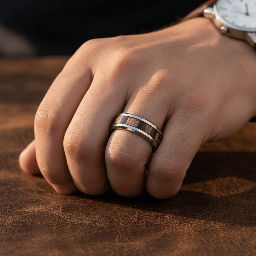 ZEBRINE — Lifestyle photo on hand — men's tungsten wedding ring.