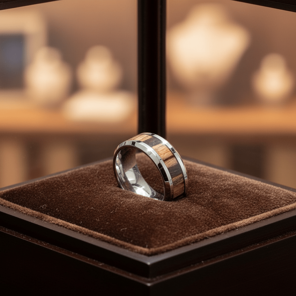 ZEBRINE — Premium boutique display on velvet — men's tungsten wedding ring.