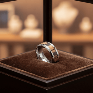 ZEBRINE — Premium boutique display on velvet — men's tungsten wedding ring.