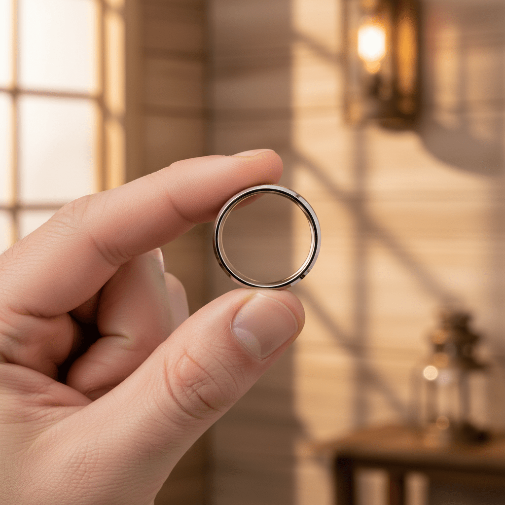 ZEBRINE — Held between fingers close-up — men's tungsten wedding ring.