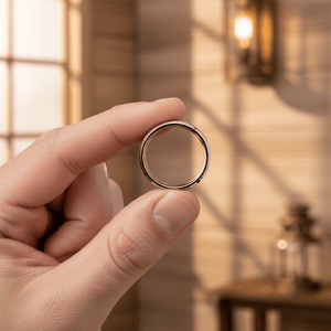 ZEBRINE — Held between fingers close-up — men's tungsten wedding ring.