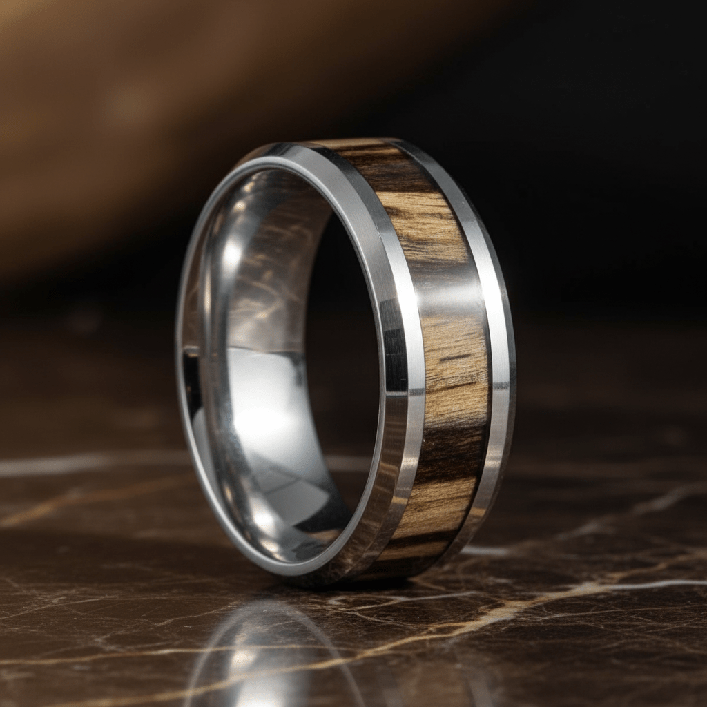 ZEBRINE — Luxury 3/4 angle on dark marble — men's tungsten wedding ring.