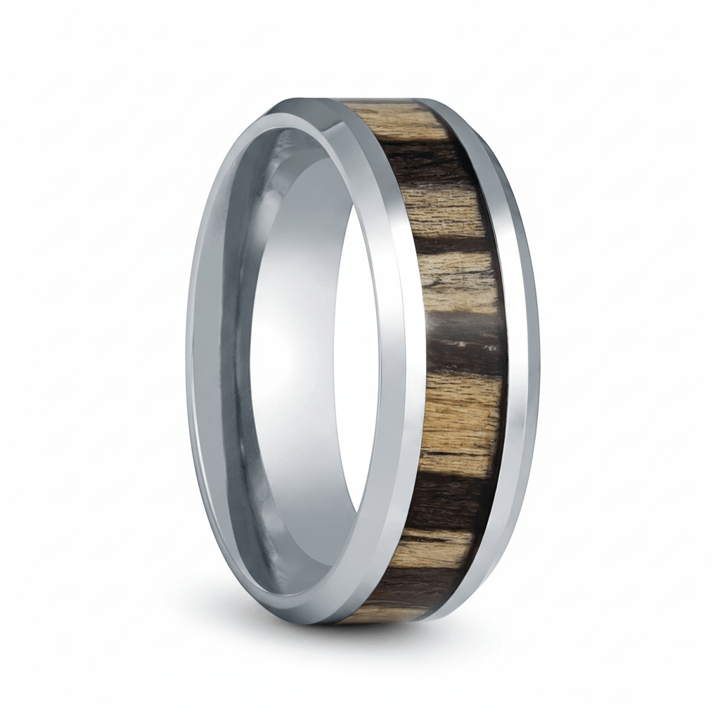 ZEBRINE — Hero product shot — men's tungsten wedding ring.