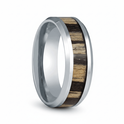 ZEBRINE — Hero product shot — men's tungsten wedding ring.