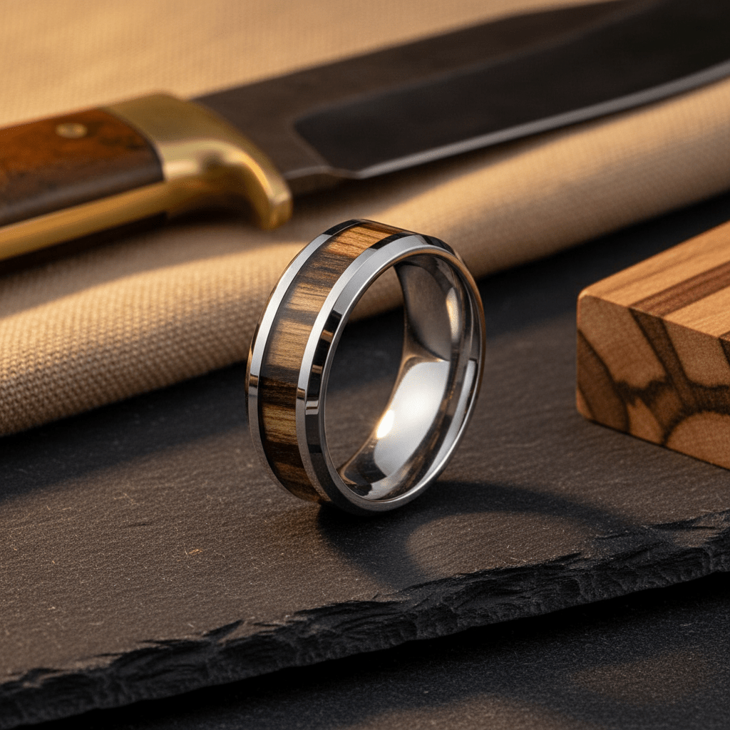 ZEBRINE — Editorial masculine still life — men's tungsten wedding ring.