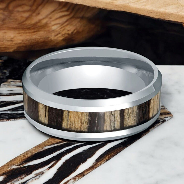 ZEBRINE - Silver Tungsten Ring with Natural Wood Accent - Flat Lay View