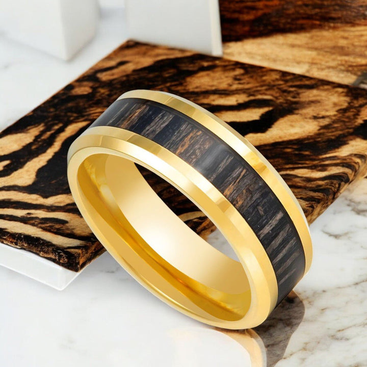 Gold Tungsten Ring with Zebra Wood Inlay by Aydins Jewelry - Angled View