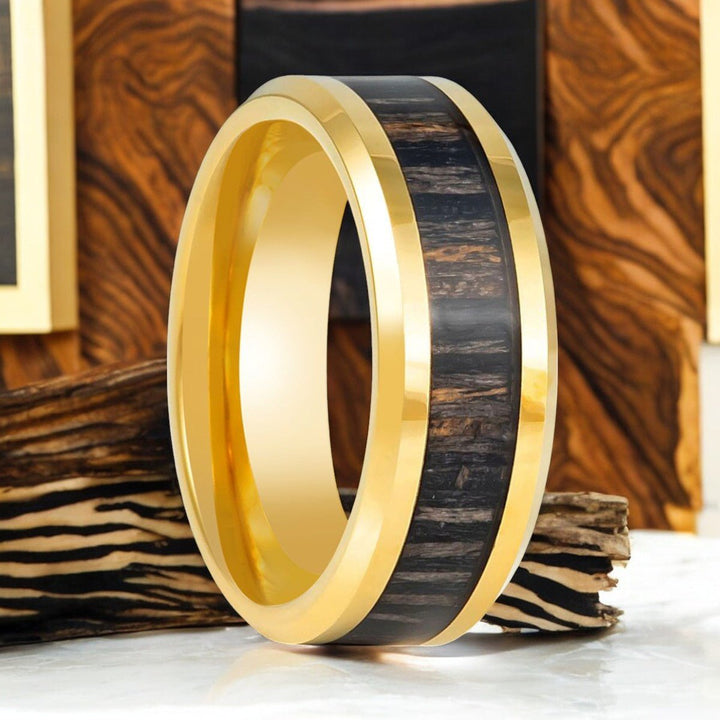 ZEBROSTA Gold Tungsten Ring with Zebra Wood Inlay - Front View