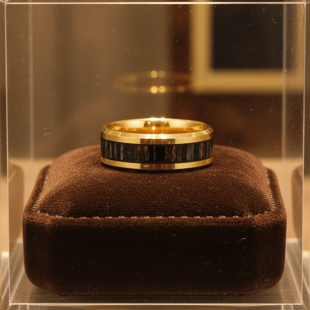 ZEBROSTA — Premium boutique display on velvet — men's tungsten wedding ring.