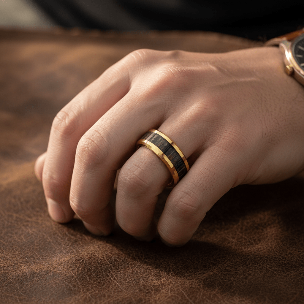 ZEBROSTA — Lifestyle photo on hand — men's tungsten wedding ring.