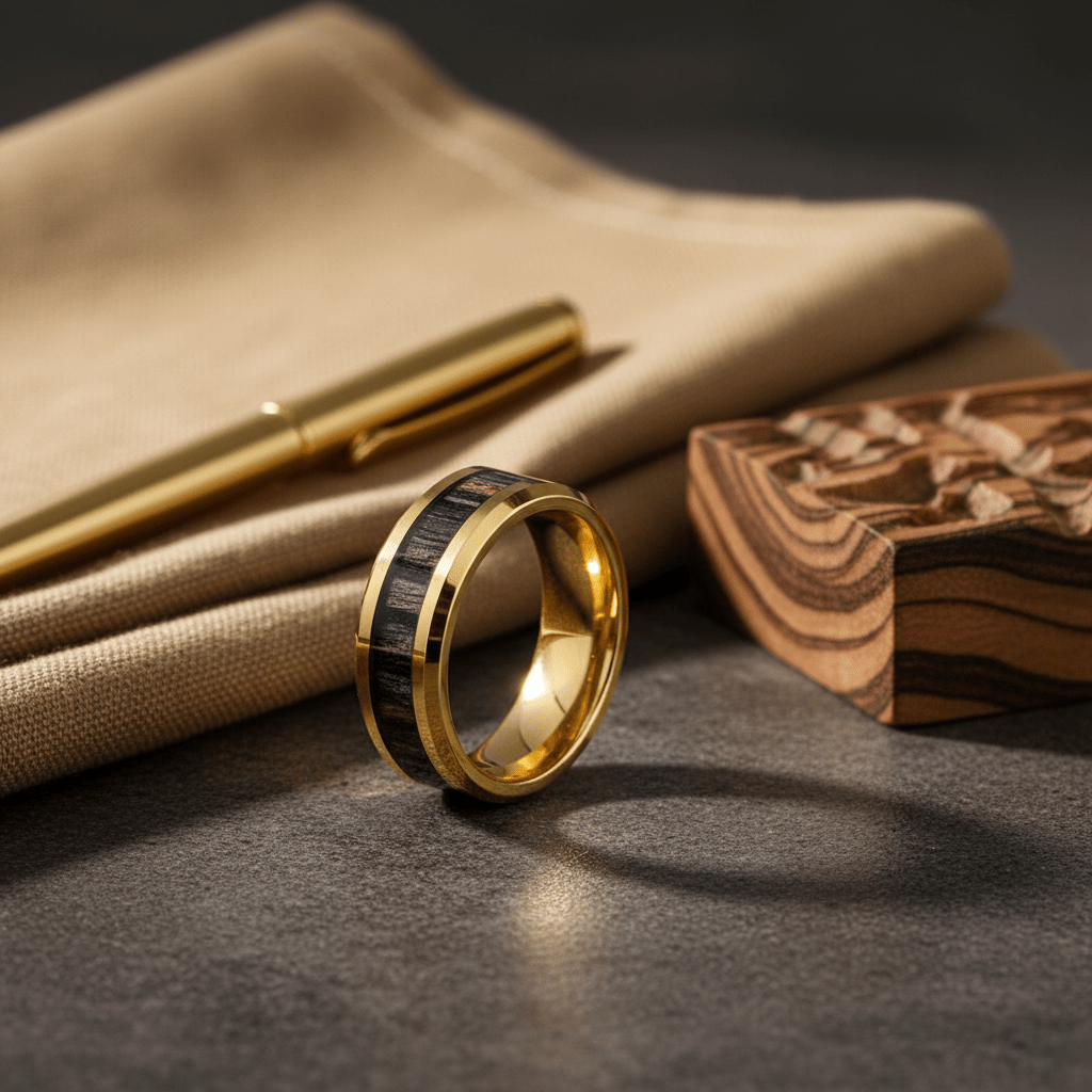 ZEBROSTA — Editorial masculine still life — men's tungsten wedding ring.