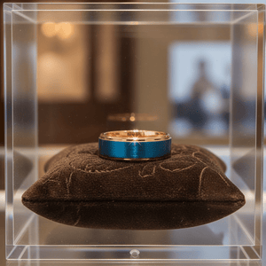 ZION — Premium boutique display on velvet — men's tungsten wedding ring.