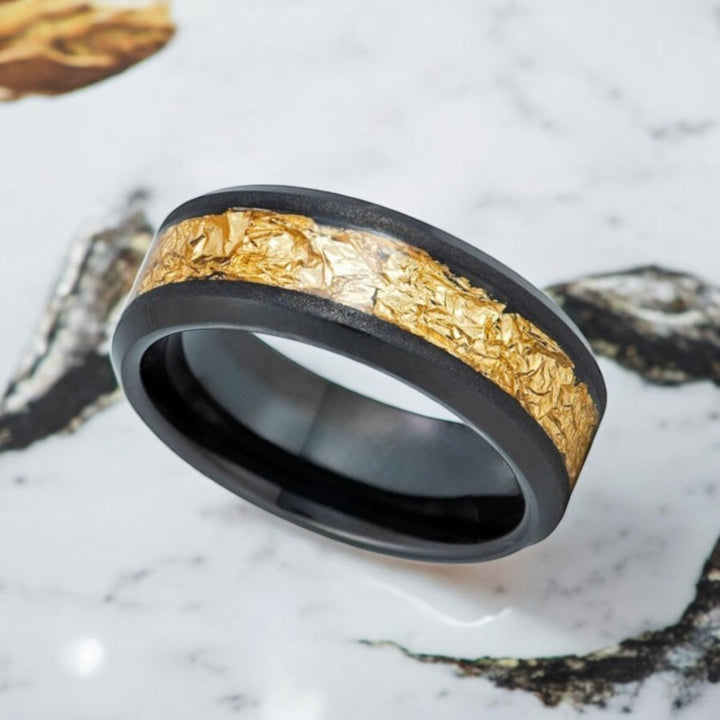 Luxurious ZORYN tungsten wedding band with gold foil inlay - Aydins Jewelry.