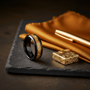 ZORYN — Editorial masculine still life — men's tungsten wedding ring.