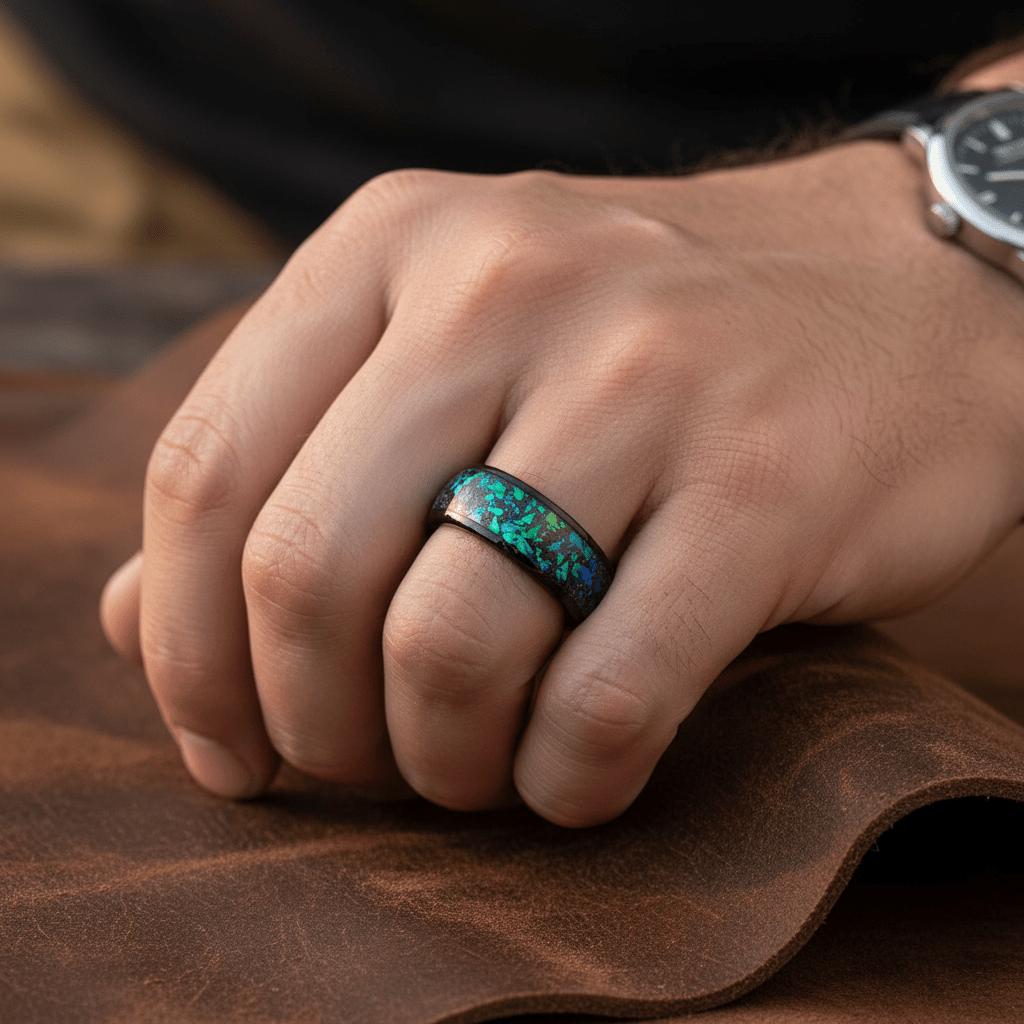 ZURLOU — Lifestyle photo on hand — men's tungsten wedding ring.