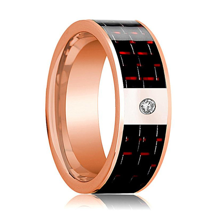 14k Rose Gold Flat Ring with White Diamond Setting & Black & Red Carbon Fiber Inlay - Rings - Aydins Jewelry