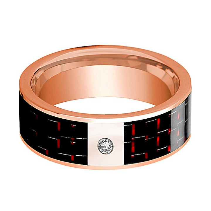 14k Rose Gold Flat Ring with White Diamond Setting & Black & Red Carbon Fiber Inlay - Rings - Aydins Jewelry