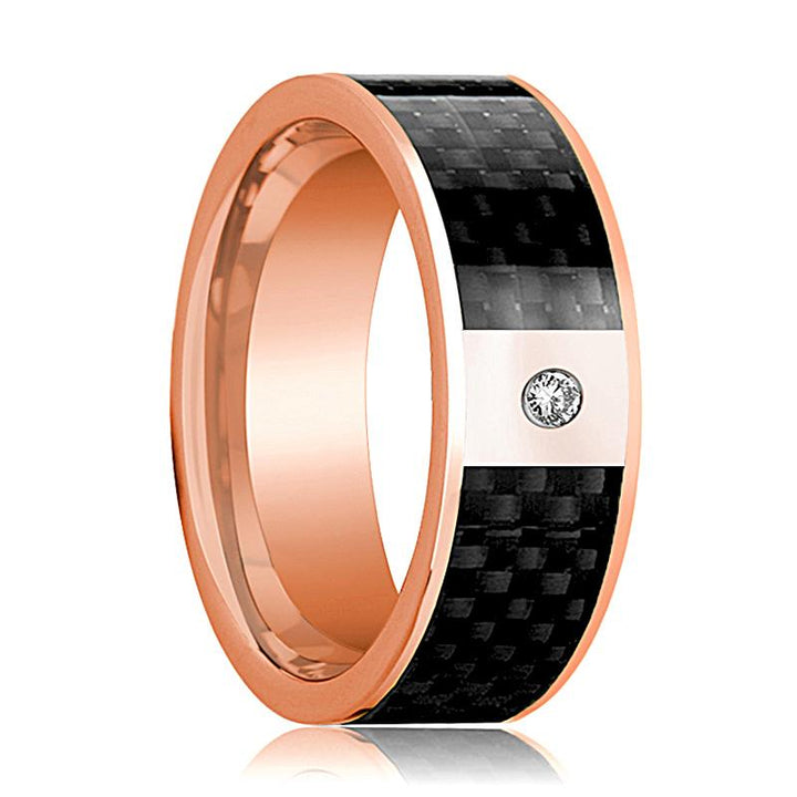 14k Rose Gold Men's Flat Wedding Ring with Black Carbon Fiber Inlay & Diamond - Rings - Aydins Jewelry - 1