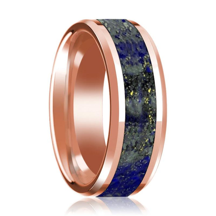 14K Rose Gold Men's Wedding Band With Lapis Inlay & Beveled Edges - Rings - Aydins Jewelry