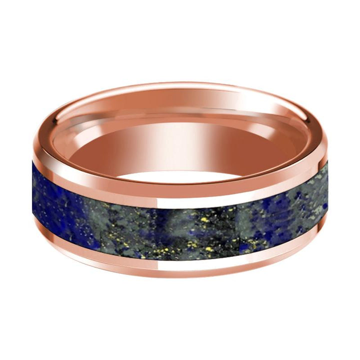 14K Rose Gold Men's Wedding Band With Lapis Inlay & Beveled Edges - Rings - Aydins Jewelry - 2