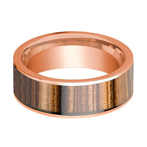 Zebra Wood inlay 14k rose gold wedding band 8mm, side profile