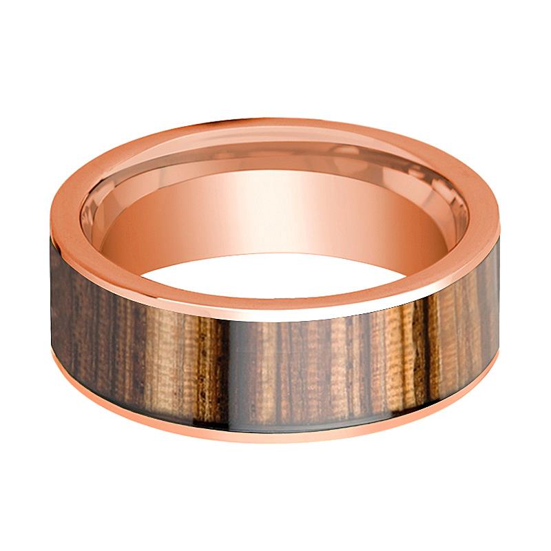 Zebra Wood inlay 14k rose gold wedding band 8mm, side profile