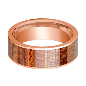 Mahogany inlay 14k rose gold wedding band, side profile