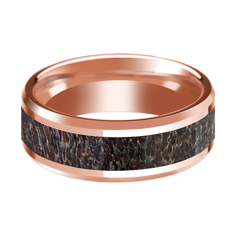 Deer Antler inlay 14k rose gold wedding band, side profile
