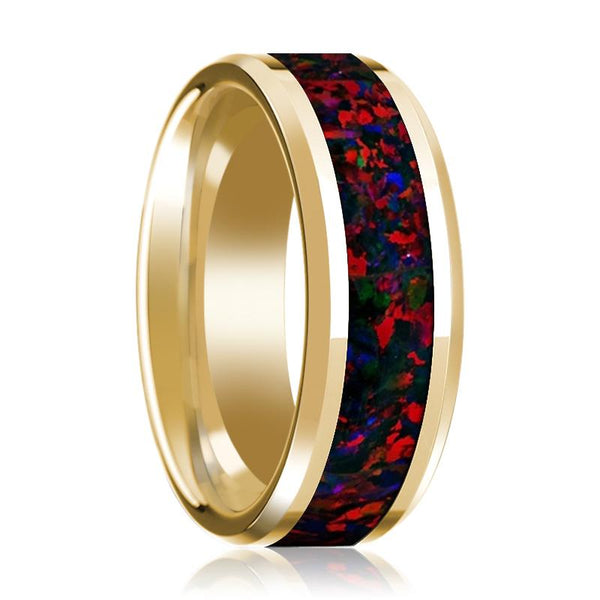 14K Yellow Gold Polished Beveled Wedding Ring Black and Red Opal Inlay - Rings - Aydins Jewelry
