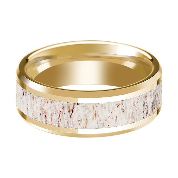 14k Yellow Gold Polished Wedding Band with White Deer Antler Inlay & Beveled Edges - 8MM - Rings - Aydins Jewelry - 2