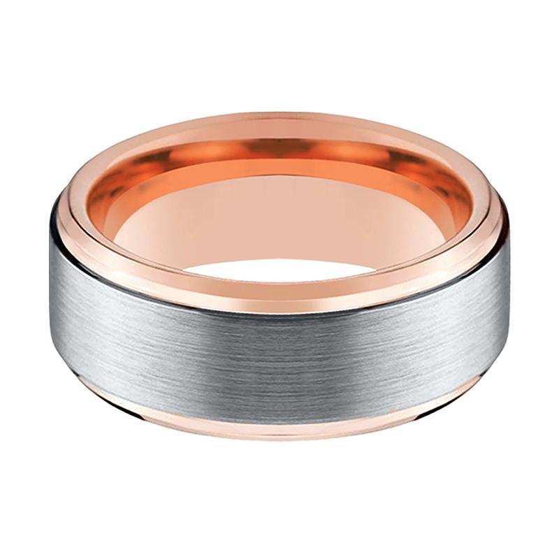 Tungsten Wedding Band - Men and Women - Comfort Fit - Rose Gold & Silver Brushed Beveled Edge - Tungsten Carbide Wedding Ring -  4mm - 6mm - 8mm - 10mm - AydinsJewelry