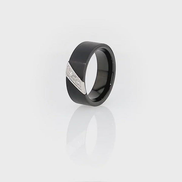 LIAM | Black Tungsten Ring, 3 White Diamond Inlay, Flat