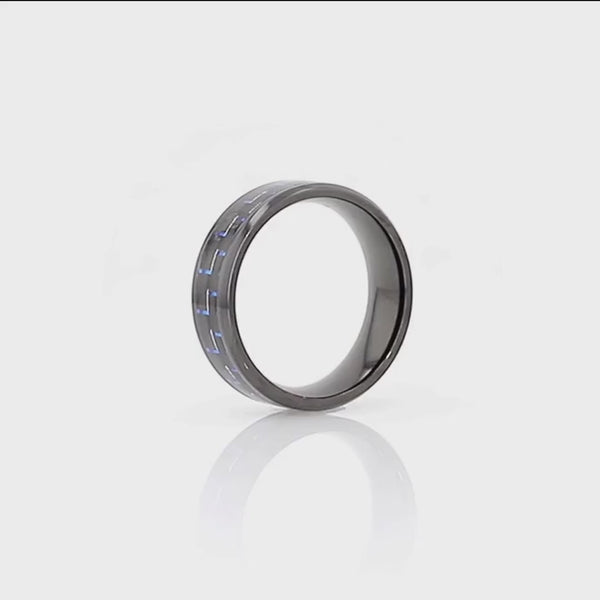 ZAYDEN | Black Titanium Ring, Blue & Black Carbon Fiber Inlay, Beveled