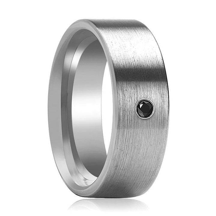 AARYA | Silver Tungsten Ring, Black Diamond in Center, Flat - Rings - Aydins Jewelry - 1
