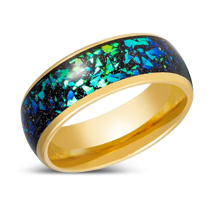 ABALUX | Yellow Gold Tungsten, Domed Ring, Abalone & Green Opal Inlay - Rings - Aydins Jewelry - 2