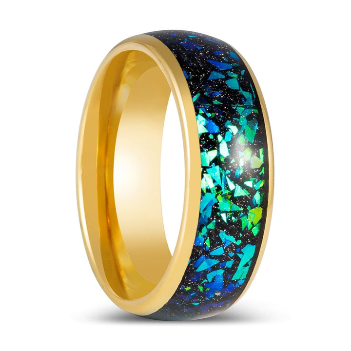 ABALUX | Yellow Gold Tungsten, Domed Ring, Abalone & Green Opal Inlay - Rings - Aydins Jewelry - 1