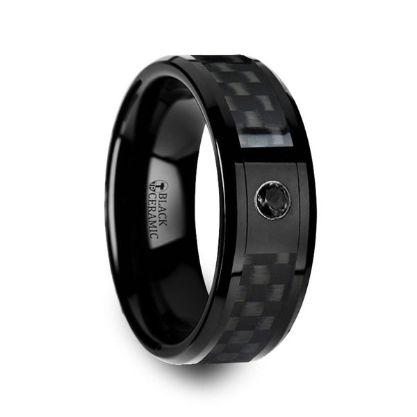 ABERDEEN | Black Ceramic Ring, Black Carbon Fiber, Black Diamond, Beveled - Rings - Aydins Jewelry
