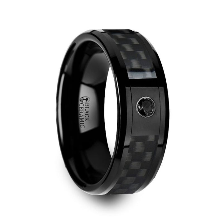 ABERDEEN | Black Ceramic Ring, Black Carbon Fiber, Black Diamond, Beveled - Rings - Aydins Jewelry - 1