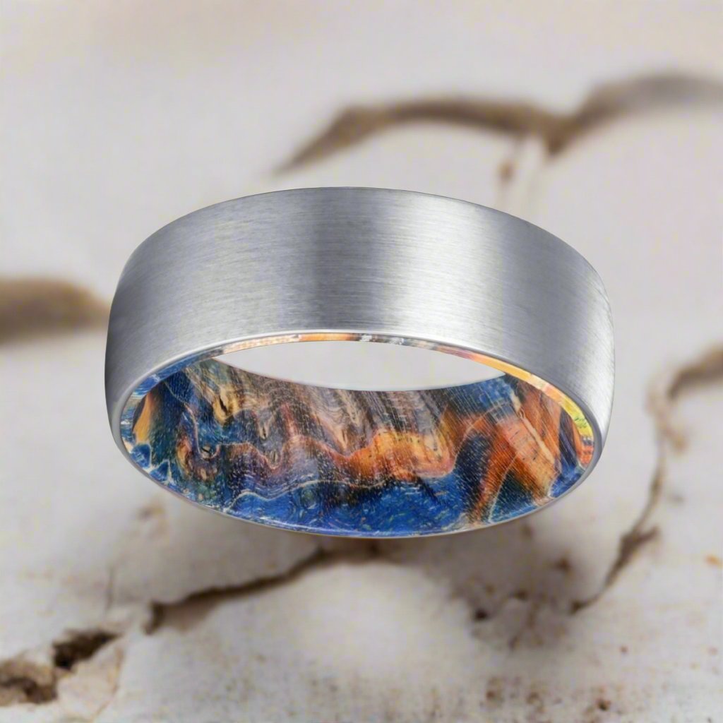 ACE | Blue & Yellow/Orange Wood, Silver Tungsten Ring, Brushed, Domed - Rings - Aydins Jewelry - 2