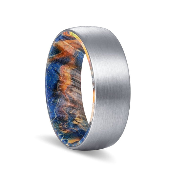 ACE | Blue & Yellow/Orange Wood, Silver Tungsten Ring, Brushed, Domed - Rings - Aydins Jewelry - 1
