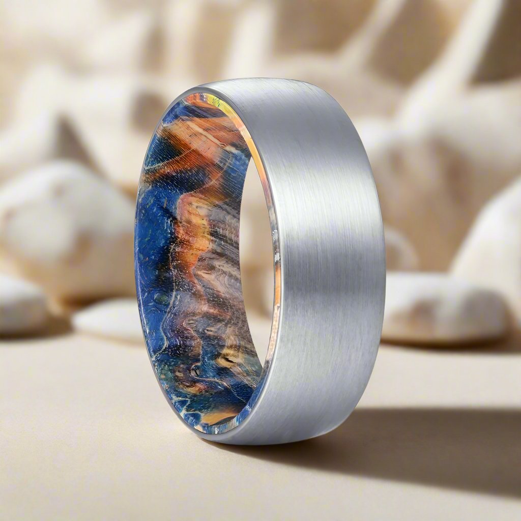 ACE | Blue & Yellow/Orange Wood, Silver Tungsten Ring, Brushed, Domed - Rings - Aydins Jewelry - 1