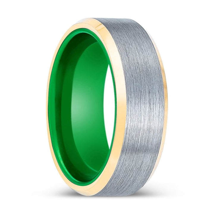 ACES | Green Ring, Brushed, Silver Tungsten Ring, Gold Beveled Edges - Rings - Aydins Jewelry