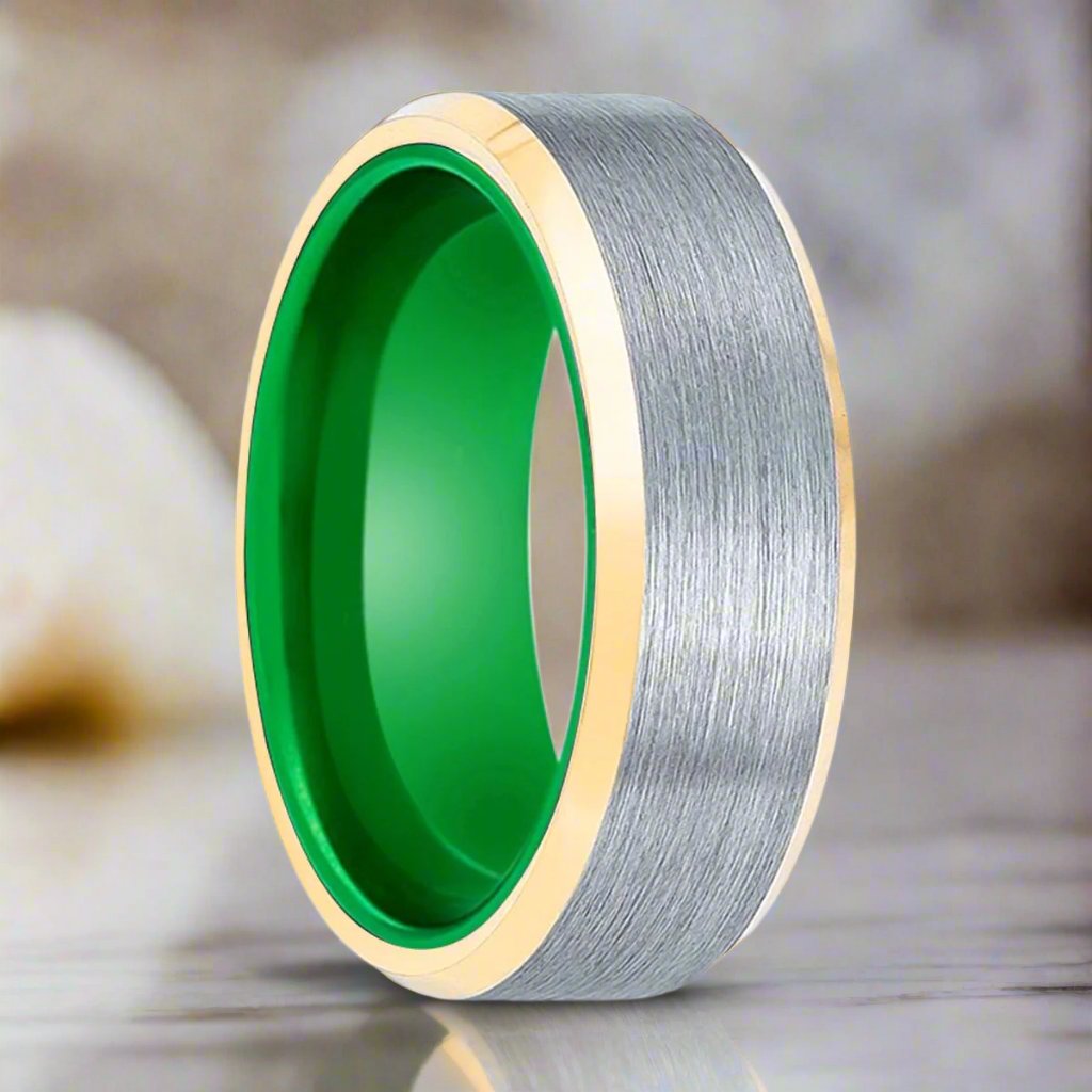 ACES | Green Ring, Brushed, Silver Tungsten Ring, Gold Beveled Edges - Rings - Aydins Jewelry - 1