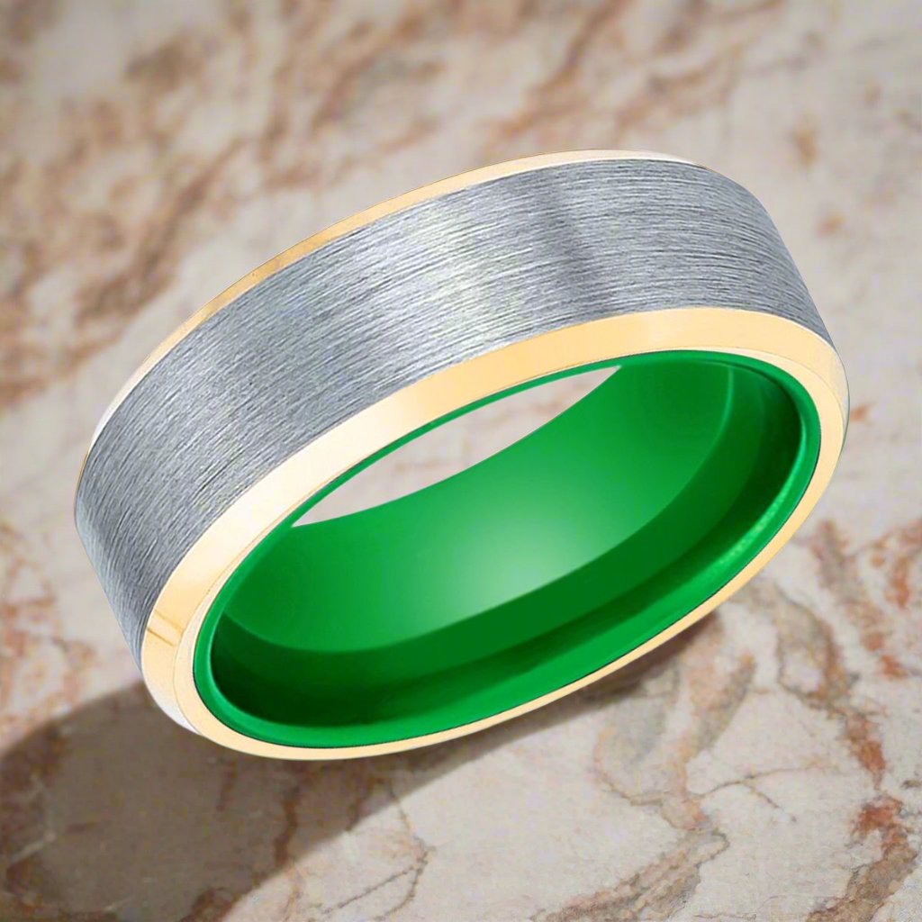 ACES | Green Ring, Brushed, Silver Tungsten Ring, Gold Beveled Edges - Rings - Aydins Jewelry - 2