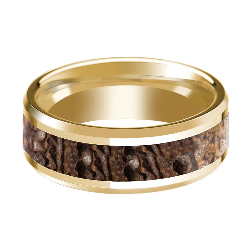 Dinosaur Bone inlay 14k yellow gold wedding band, side profile